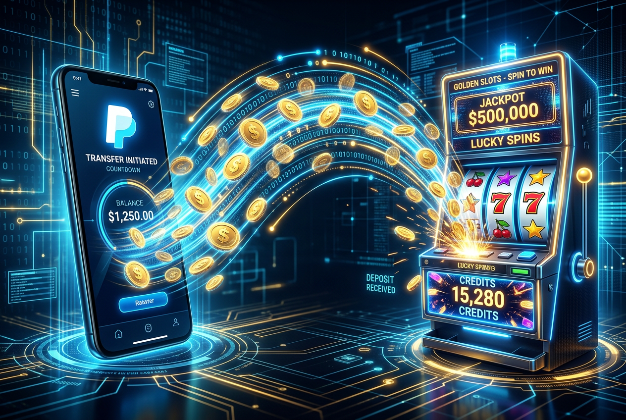 Smartphone display showing a fast PayPal transaction in a neon online casino environment