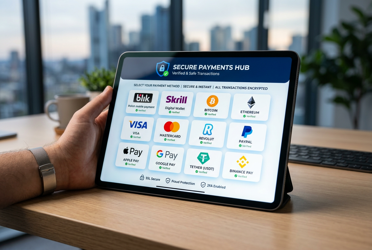 Tablet wyświetlający ikony bezpiecznych metod płatności cyfrowych
