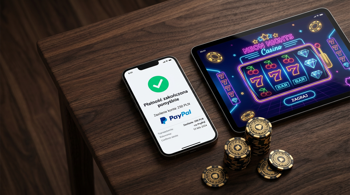 Smartphone displaying PayPal deposit next to casino chips and tablet