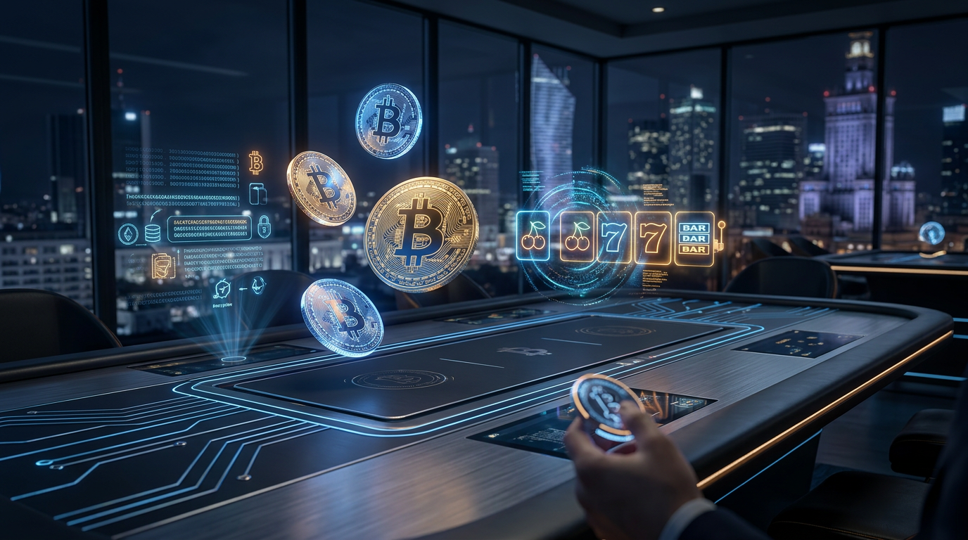 Futurystyczny interfejs kasyna bitcoin z neonowymi elementami