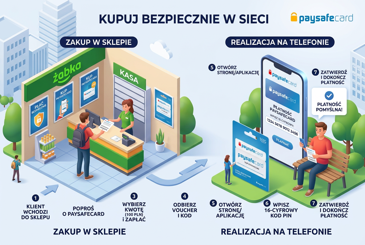 Infografika przedstawiająca proces depozytu Paysafecard w kasynie online
