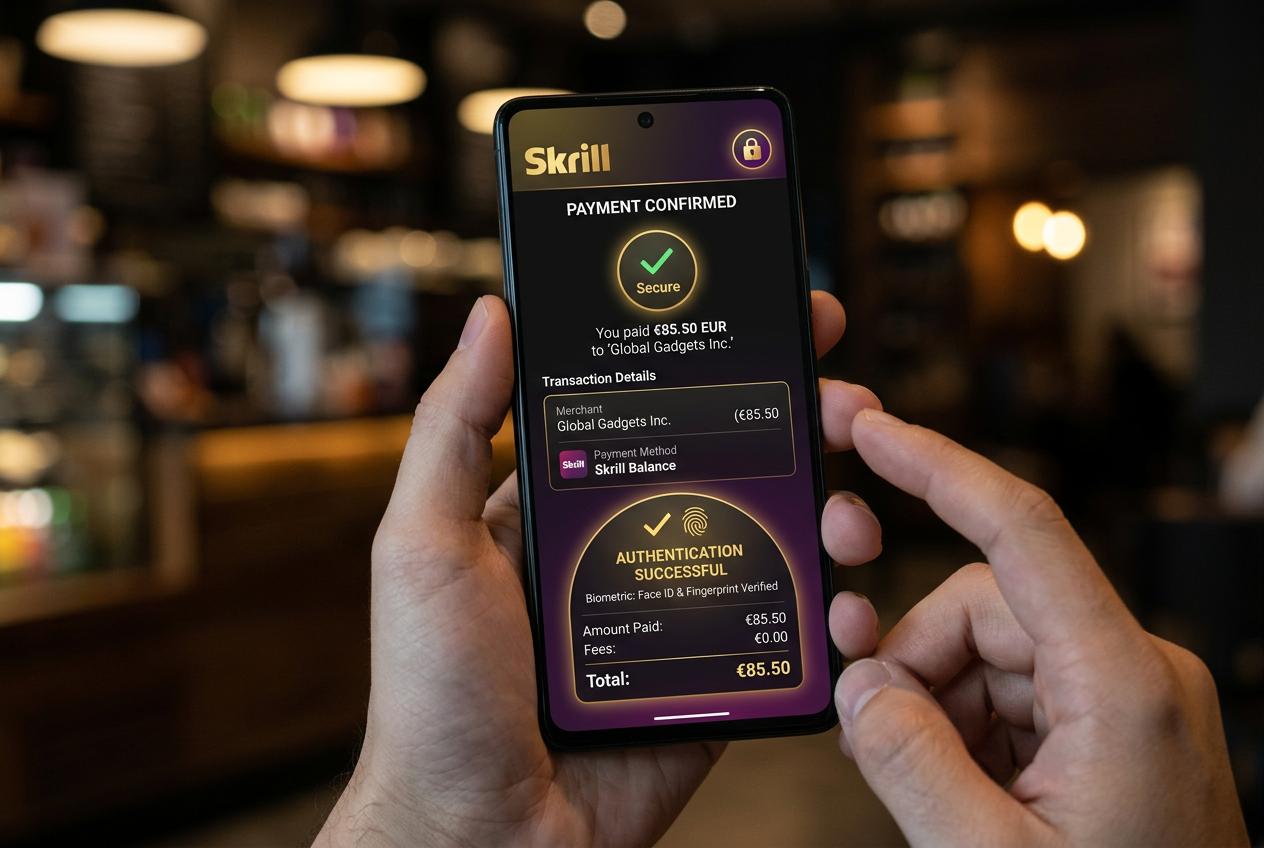Użytkownik autoryzujący płatność Skrill w telefonie